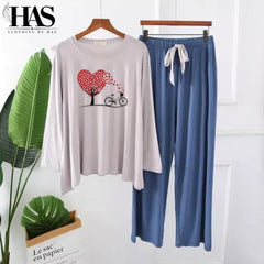 Tree Heart Printed Nightwear Set with – Women's Lounge Wear Clothing By Has