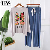 Flowered And BTS Printed Nightwear Set with – Women's Lounge Wear Clothing By Has
