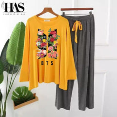 Flowered And BTS Printed Nightwear Set with – Women's Lounge Wear Clothing By Has