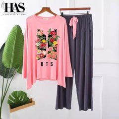 Flowered And BTS Printed Nightwear Set with – Women's Lounge Wear Clothing By Has