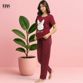 Maroon Rabbit Dot Trouser Night Suit
