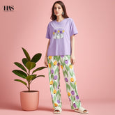 Purple Balloon Flower Trouser Night Suit