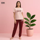 Peach Sleep Maroon Trouser Night Suit