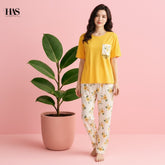 Yellow Flower Printed Pocket Half Sleeves Shirt and White Flower Printed Trouser Night Wear
