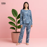 Blue & Black Pattern Women Pajama Set Night Suit