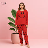 Red Smile Women Pajama Set Night Suit