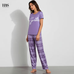 Lavender Smile Check lounge Set Night Suit