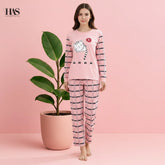 Pink Sleeping Cat Women Night Suit