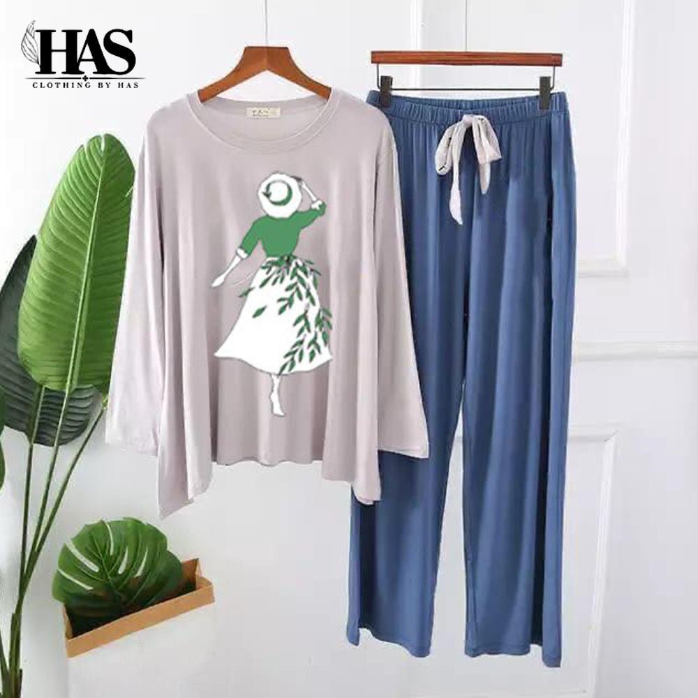 2 Piece Printed Lounge wear Nightwear Sleepwear For Women Girls Dance Prined Panel Trouser - Clothing By Has