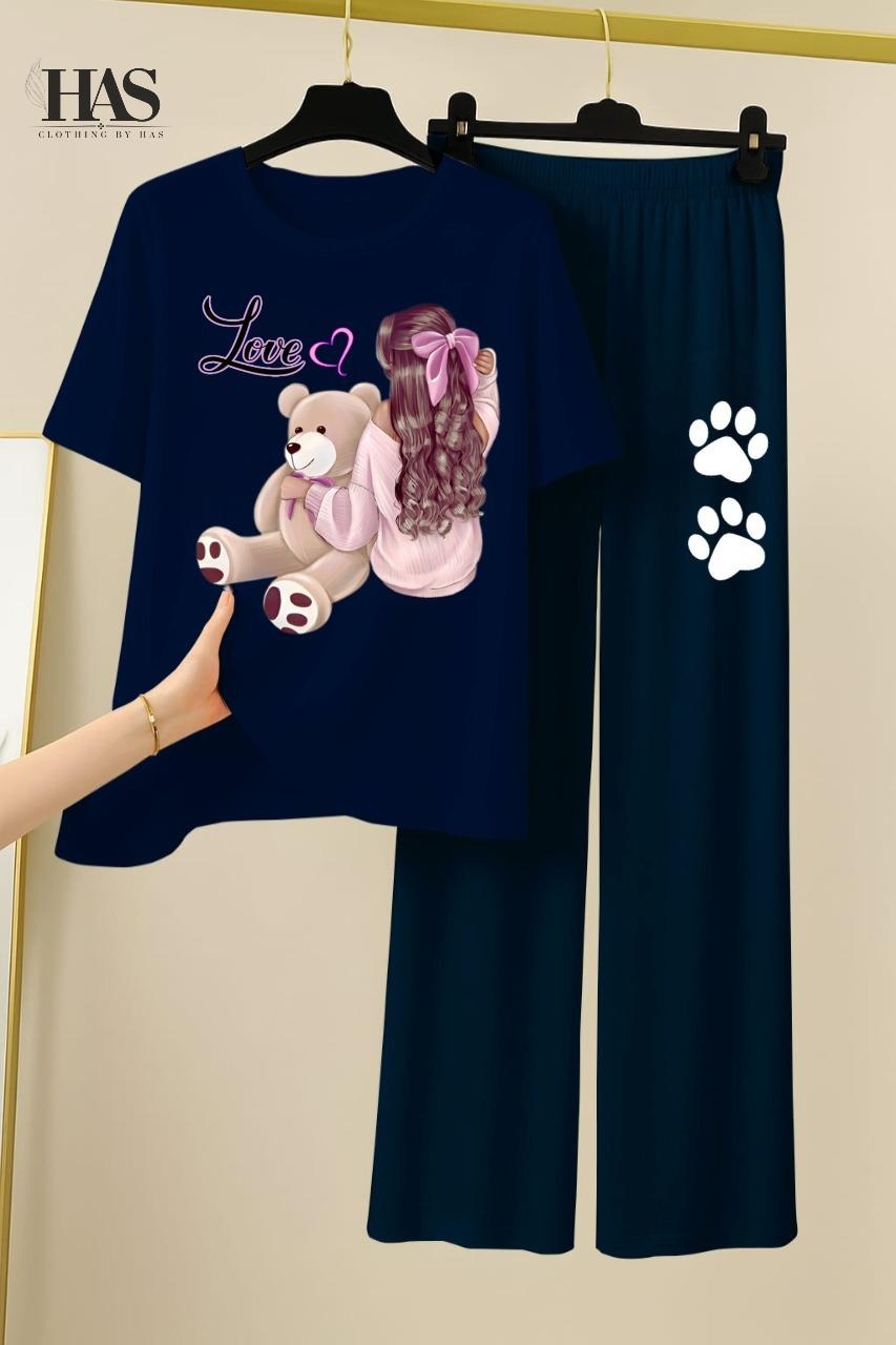 Bear  Love Lady  Printed Nightwear Set with Bear Trouser – Women's Lounge Wear Clothing By Has