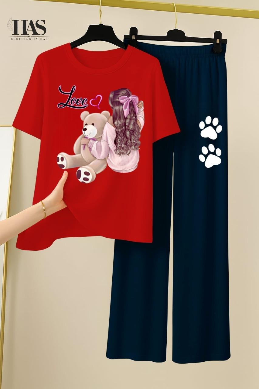 Bear  Love Lady  Printed Nightwear Set with Bear Trouser – Women's Lounge Wear Clothing By Has