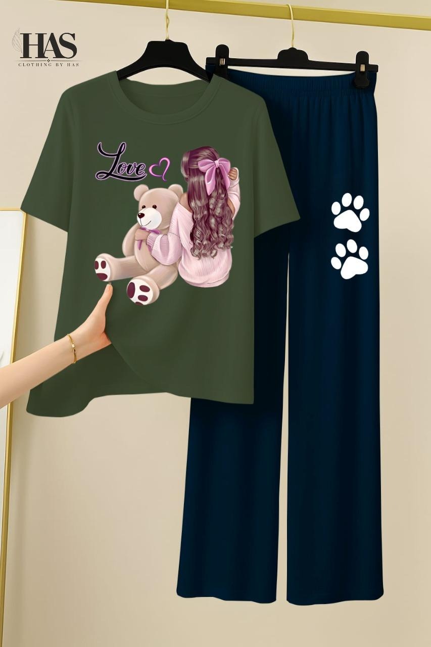 Bear  Love Lady  Printed Nightwear Set with Bear Trouser – Women's Lounge Wear Clothing By Has