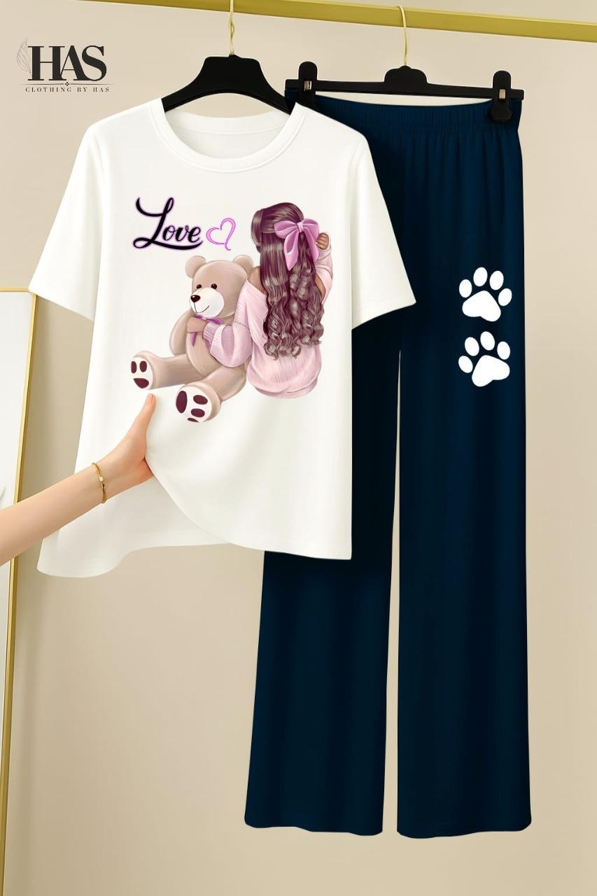 Bear  Love Lady  Printed Nightwear Set with Bear Trouser – Women's Lounge Wear Clothing By Has