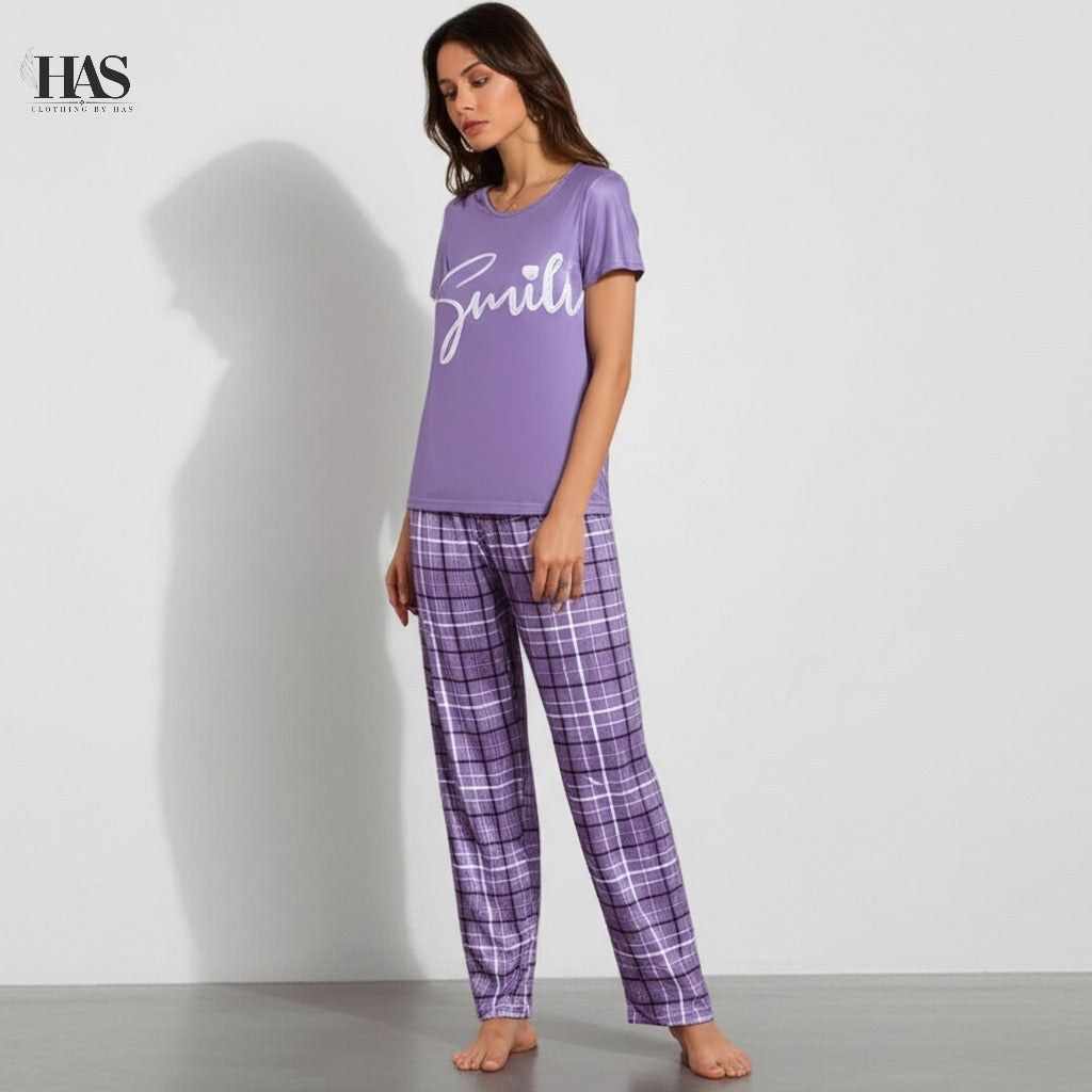 Lavender Smile Check lounge Set Night Suit