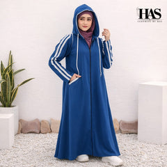 A woman is wearing a modest, sporty-style long outer garment in a deep  color.